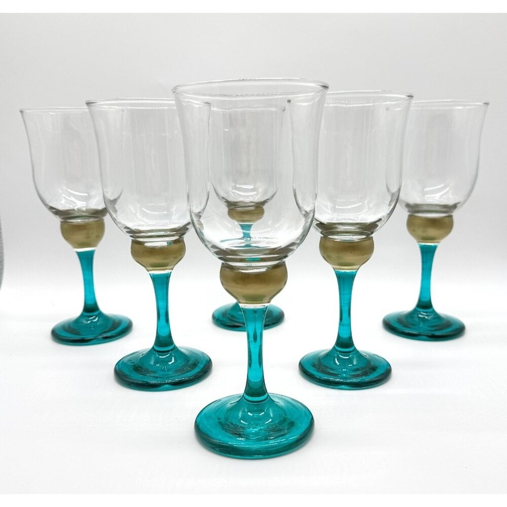 Baroque Glass Goblet Set of 6 Teal & Gold Hand Decorated 8” w Original Box